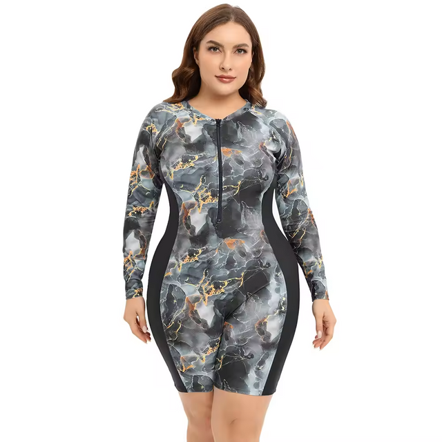 Maiô de uma peça de tamanho mais tamanho para mulheres impressão modesta plus size de manga comprida