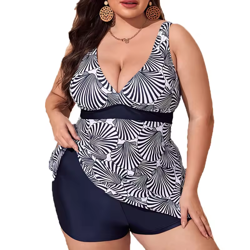 Plus size tankini conjunto colorblock bloqueio de duas peças de casca de casca de casca de maiô alto mano de banho de praia modesta