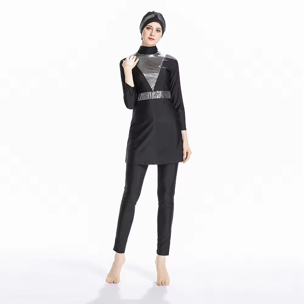 Fantasia de natação feminino feminino muçulmano roupas de banho conservador vestem mulheres 3 peças de maiô