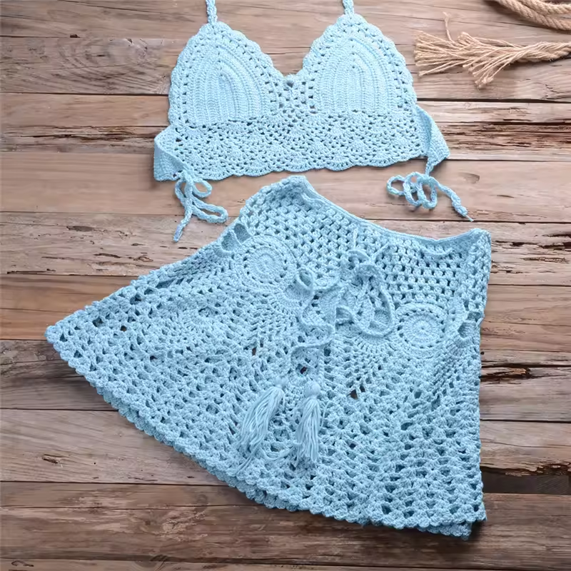 Mulheres de maiô de crochê de cintura alta com calça de banho escassa de skia