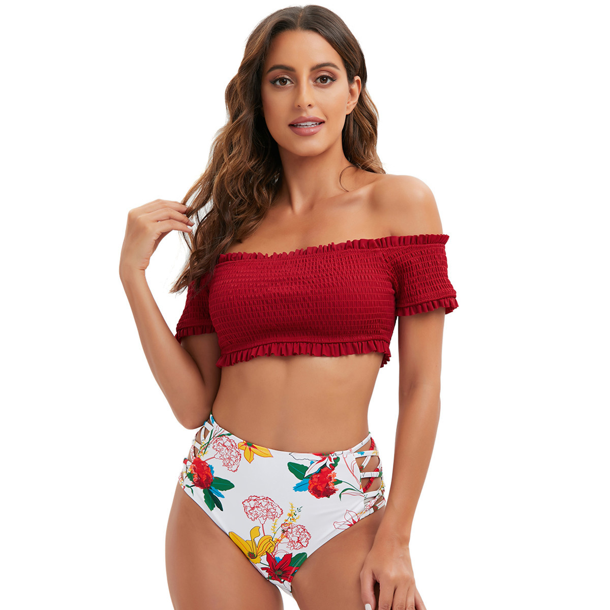 Moda-manga da cintura alta 2 peças colocadas fora do maiô da moda