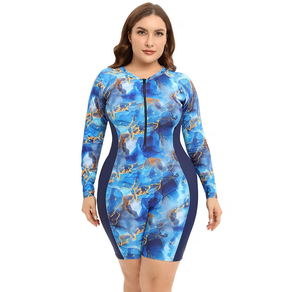 Maiô de uma peça de tamanho mais tamanho para mulheres impressão modesta plus size de manga comprida
