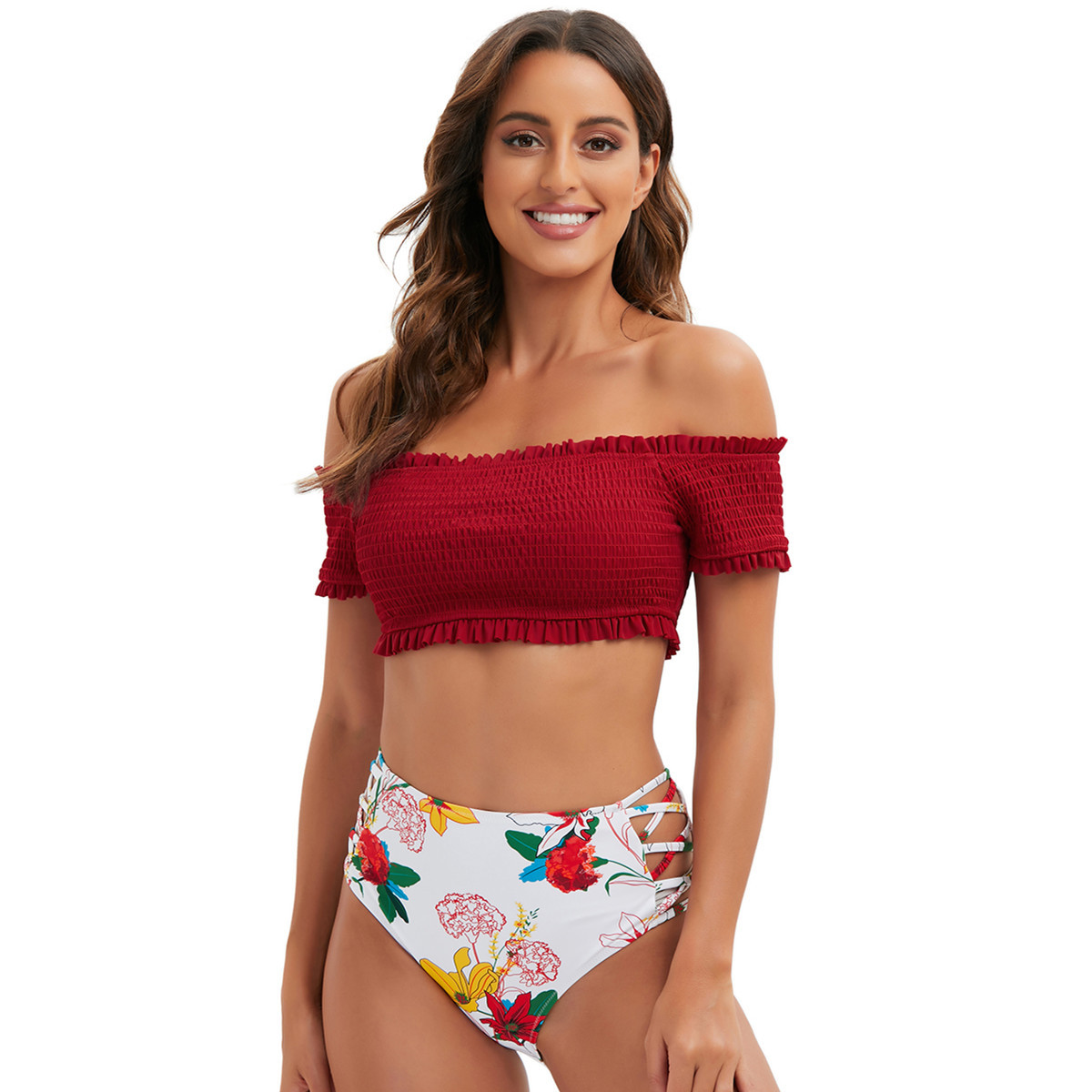Moda-manga da cintura alta 2 peças colocadas fora do maiô da moda