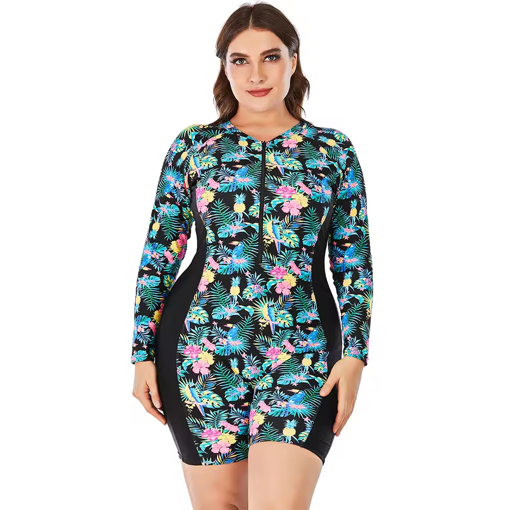 Maiô de uma peça de tamanho mais tamanho para mulheres impressão modesta plus size de manga comprida