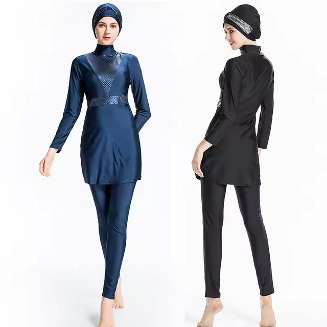 Fantasia de natação feminino feminino muçulmano roupas de banho conservador vestem mulheres 3 peças de maiô